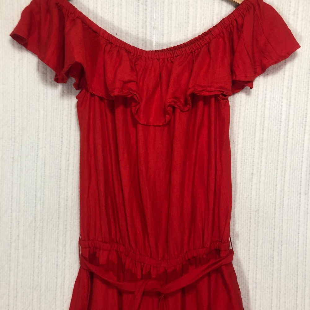 Tommy Bahama Red Linen Blend Off Shoulder Ruffle Jumpsuit TSW91143C Small‎